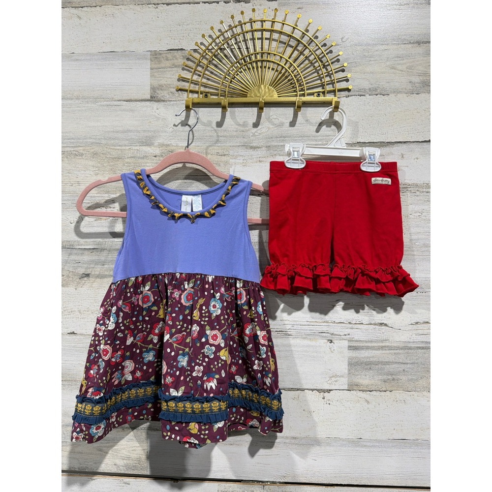 Matilda Jane Tunic Sew Sassy Shorts Girls 8 Purple Red Floral Ruffle Boho EUC